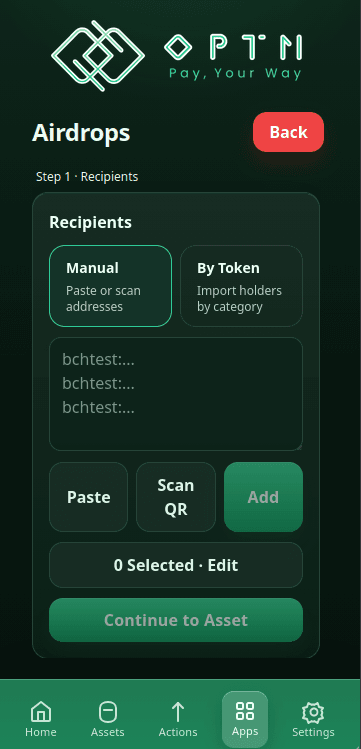 OPTN Wallet airdrop setup screen with recipient entry options