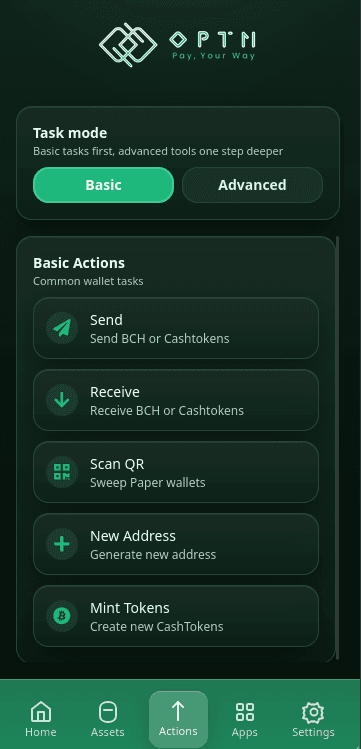 OPTN Wallet actions screen with send, receive, QR, and token tools