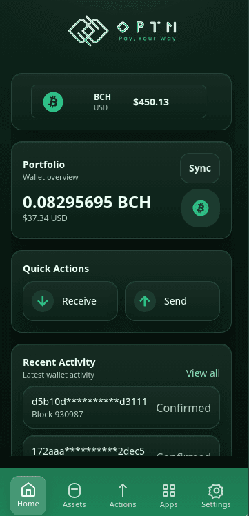 OPTN Wallet home screen with portfolio balance, quick actions, and recent activity
